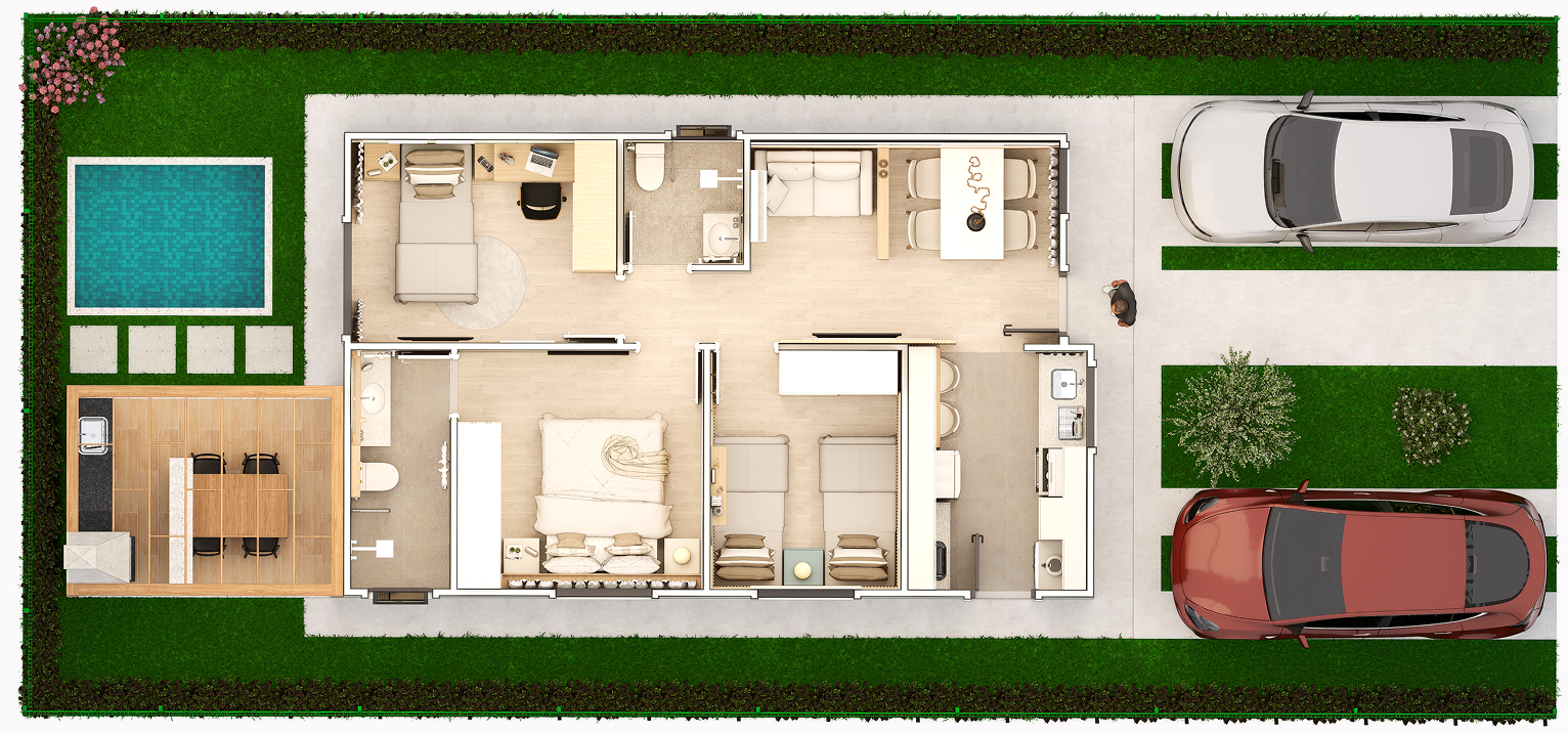 Planta 3D da casa de 170m² do One Terramaris com garagem e quintal