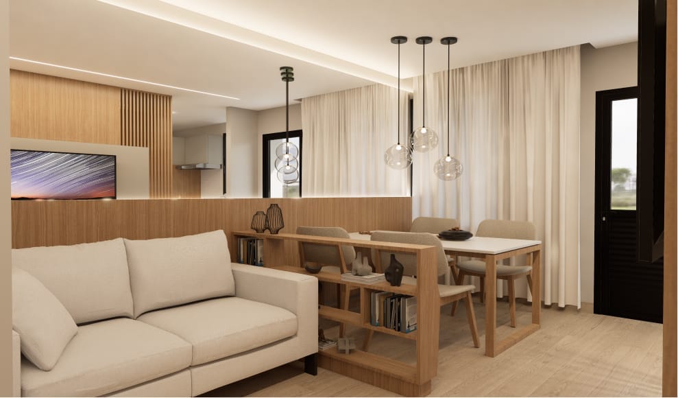 Sala de estar integrada com cozinha e jantar